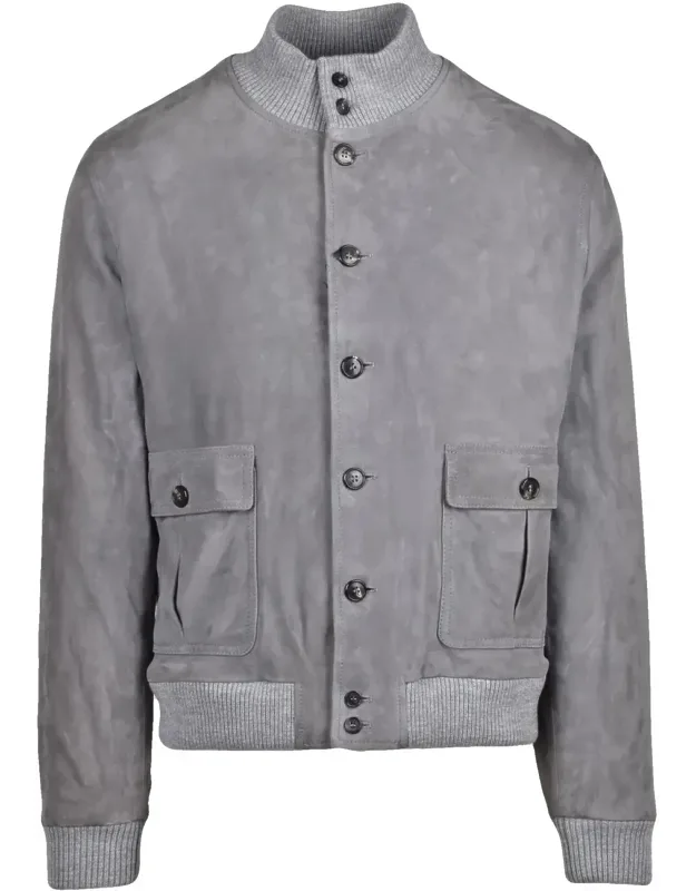 Suede Jacket With Button Closure And Ribbed Knit Detail
