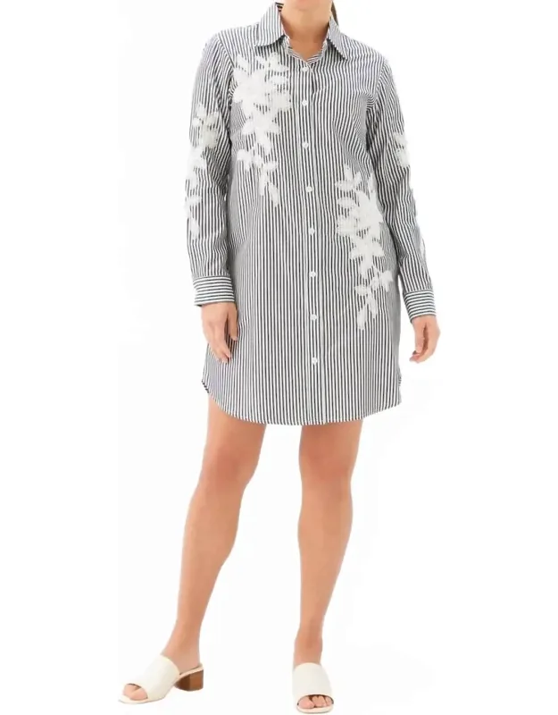 Roll-tab Stripe Embroidered Shirtdress