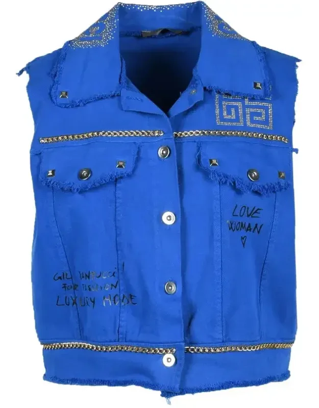 Cropped Vest-style Coat With Gold Embellishments And Artistic Prints