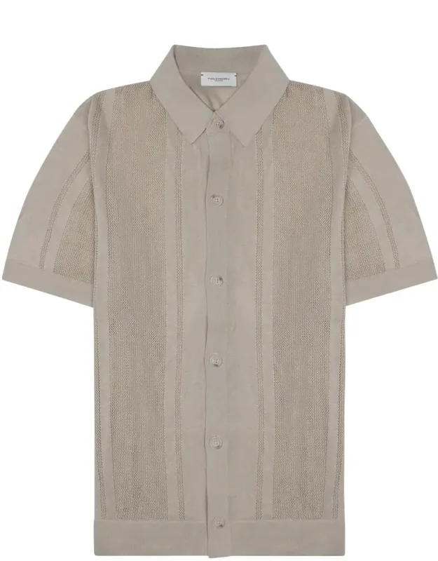 Textured Knit Button-down Short-sleeve Shirt With Vertical Stripes