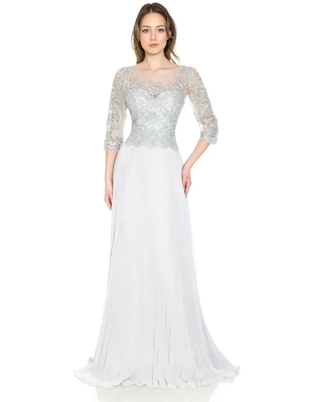 Pleated A-line Dress With Lace Bodice & 3/4 Sleeves