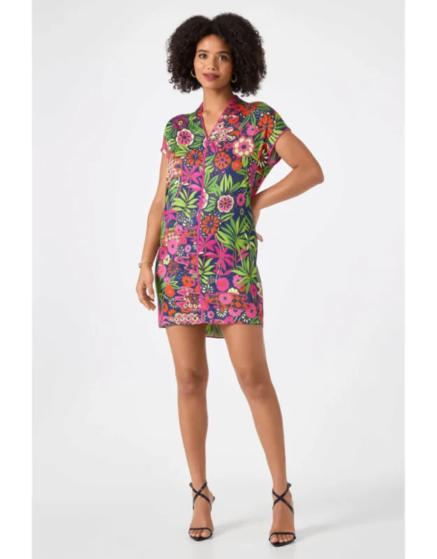 _tarashi Short-sleeve Dress With Bold Tropical Floral Print And Soft Modal Fabric_