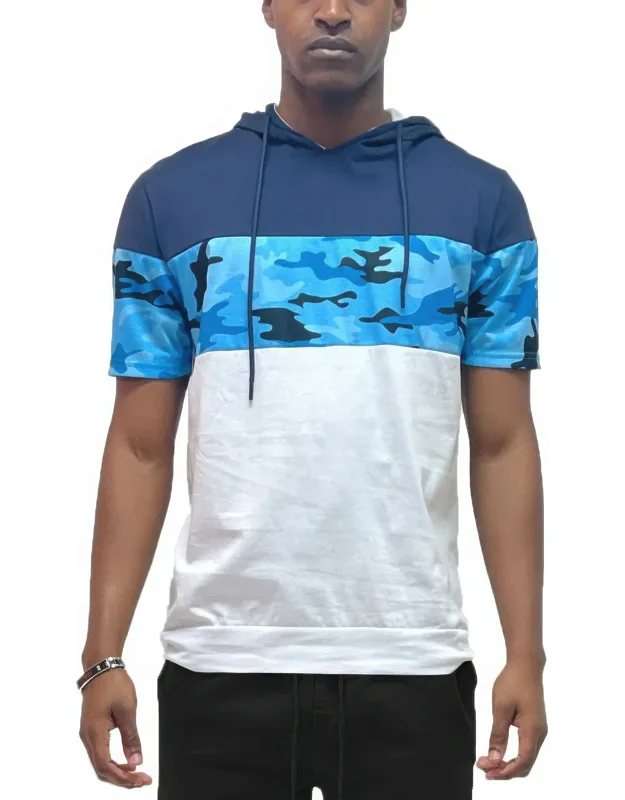 Camo And Solid Design Block Hooded Shirt