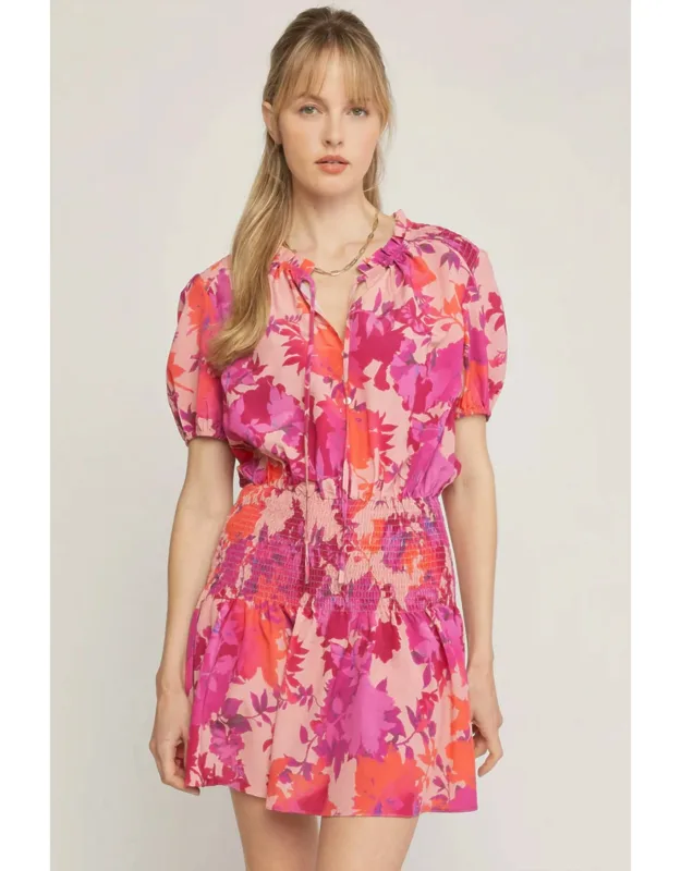 Floral Print Smocked Shoulder Waist Short Dress