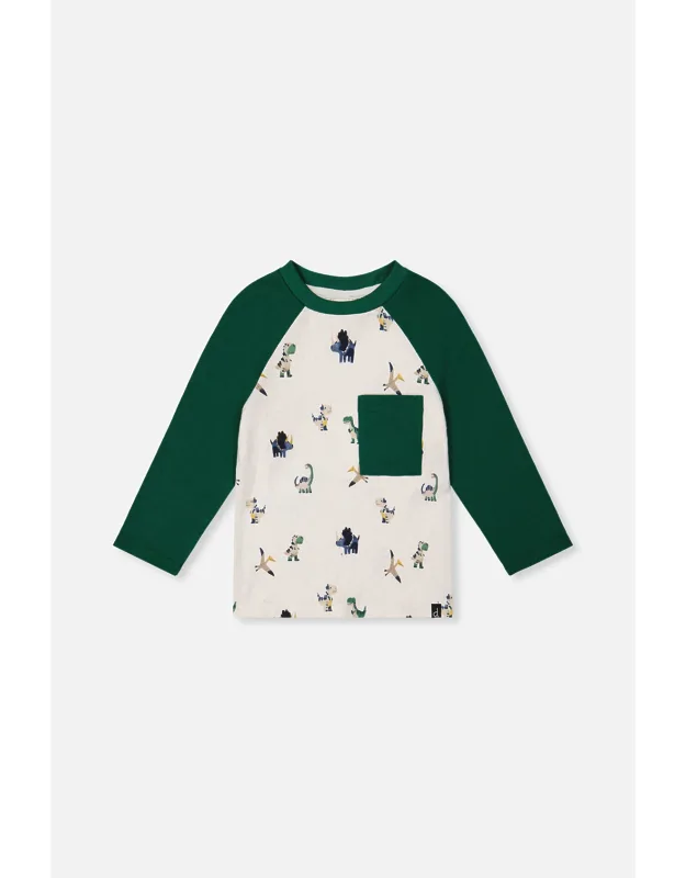Long Sleeve Raglan T-shirt With Dinosaur Print