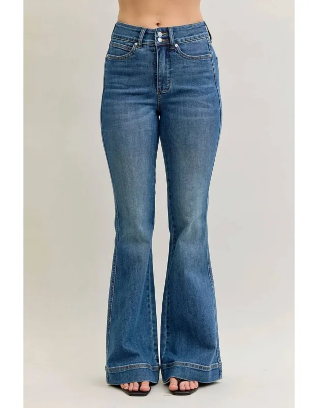 High Waist Flare Tummy Control Double Button Jeans