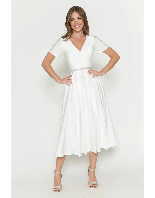 V-neck Short Sleeve Midi Dress With Rhinestone Waistband And Pockets