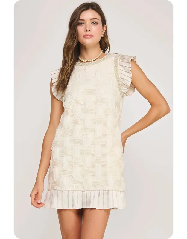 Pearl Trim Detail Textured Mini Dress
