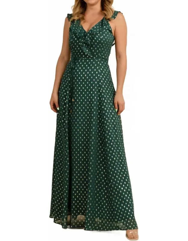 Foil Polka Dot Ruffle Neck Maxi Dress
