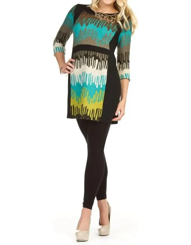 Textured Print Panel 3/4 Sleeve Shift Dress