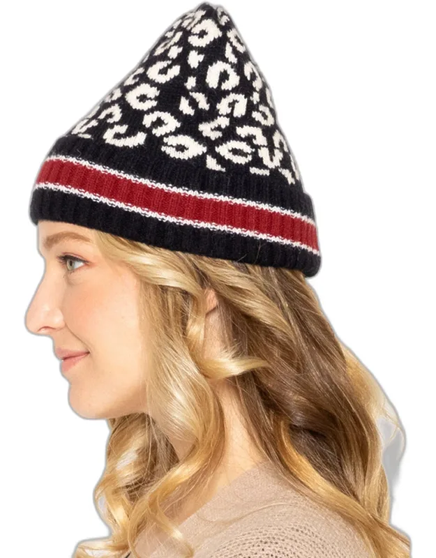 Leopard Patterned Striped Cuff Knit Beanie