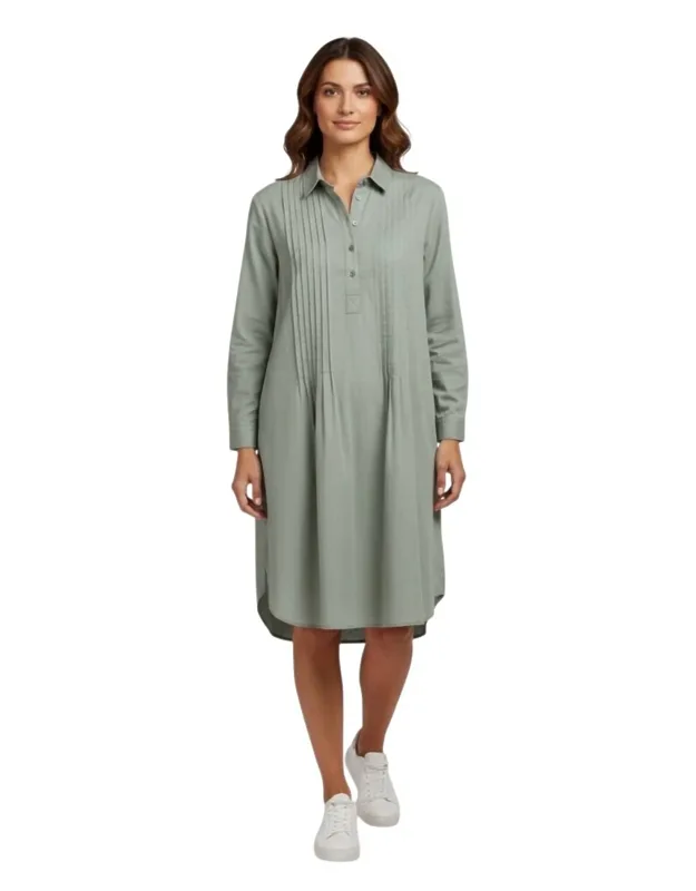 Tucked Cotton Long Sleeve Dress