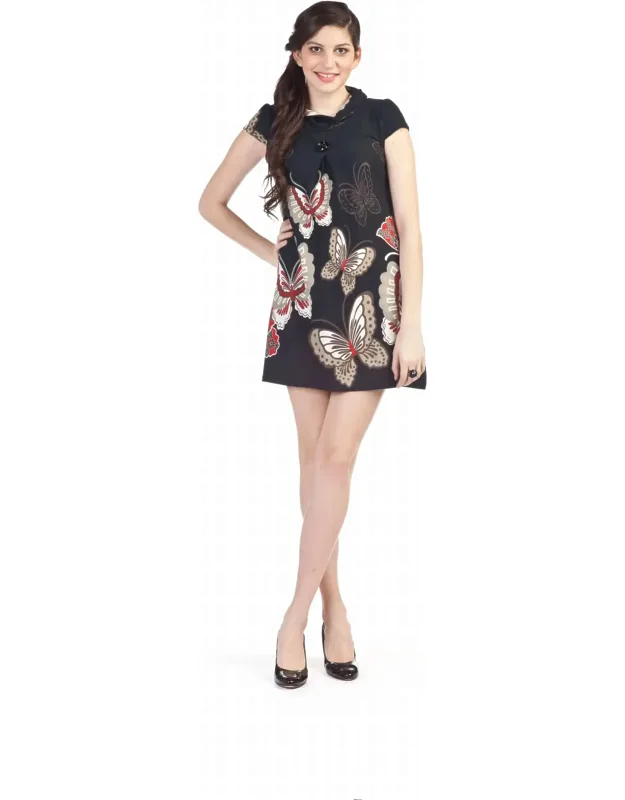 Cowl Neck Butterfly Border Print Dress