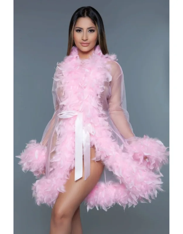 Lux Robe With Feather Boa Trim And Satin Ribbon Tie