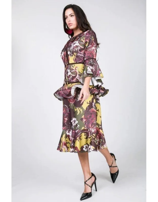 Ruffle Sleeve Frill Tiered Bottom Print Midi Dress