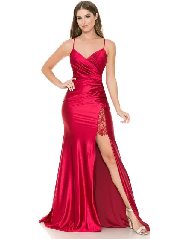 Satin Mermaid Evening Gown With Lace Slit & Corset Back