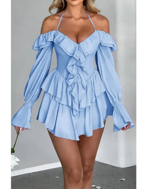 Off Shoulder Corset Ruffle Halter Mini Dress
