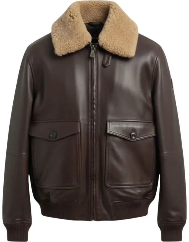 Leather Jacket With Shearling Collar And Ribbed Details