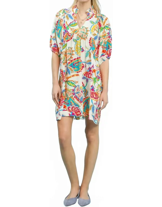 Abstract Print Ruffled Neck Mini Dress