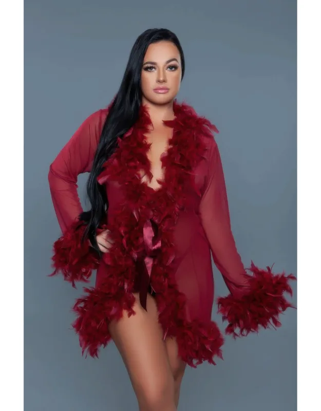Lux Robe With Feather Boa Trim And Satin Ribbon Tie