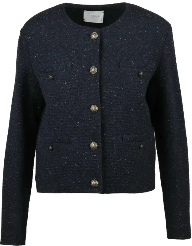 Cropped Crew Neck Jacket In Textured Mixed Wool