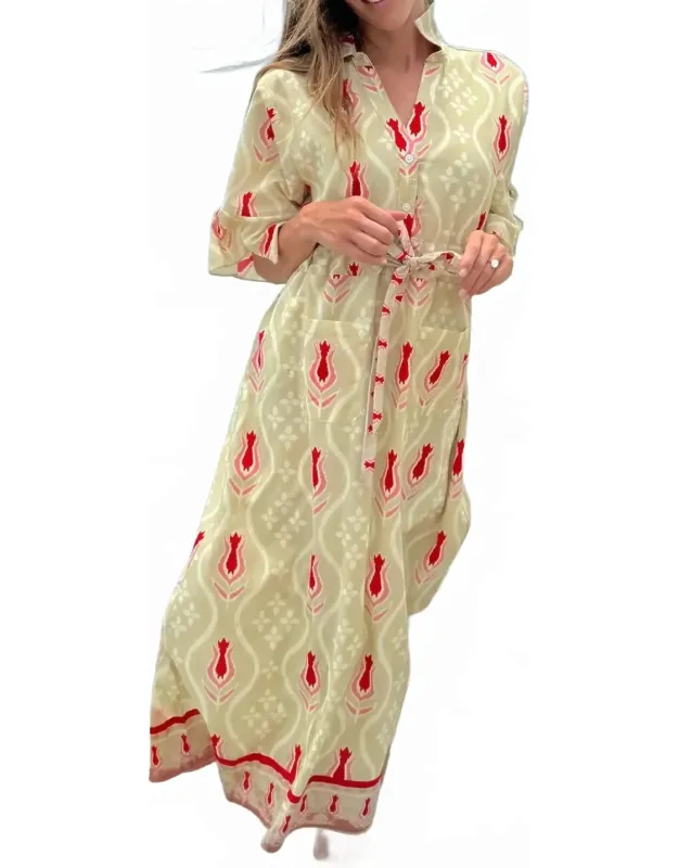 Cape Midi Dress In Ikat With Three-quarter Sleeves And Slanting Pockets