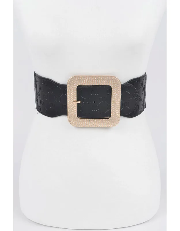 Big Rhinestone Buckle Embossed Elastic Belt
