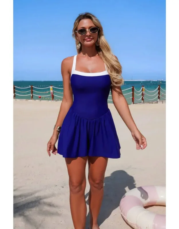 One-piece Solid Elastic Sleeveless Skirt Swimsuit