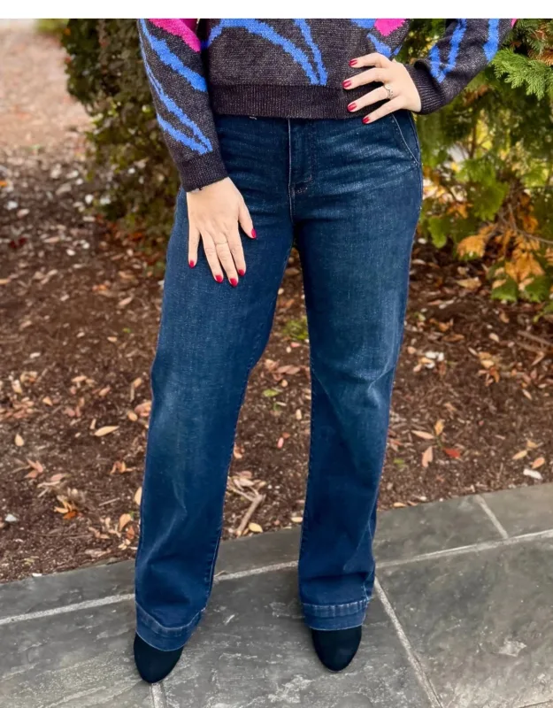High Waist Trouser Wide Leg Jeans With Functional Pockets And Ample Stretch
