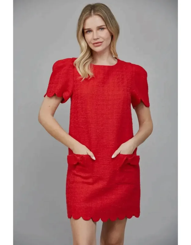 Scallop Edge Puff Sleeve Tweed Mini Dress
