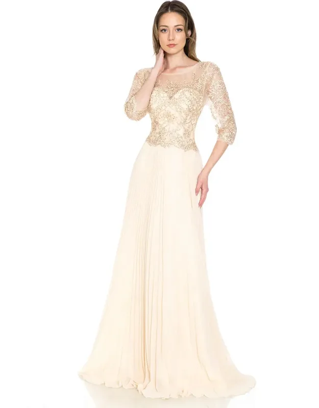 Pleated A-line Dress With Lace Bodice & 3/4 Sleeves