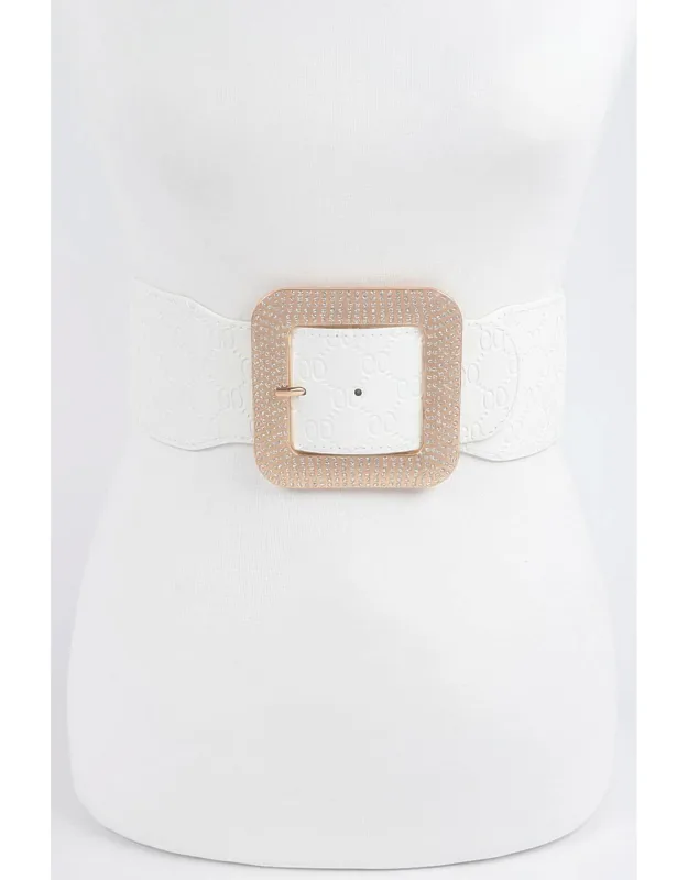 Big Rhinestone Buckle Embossed Elastic Belt