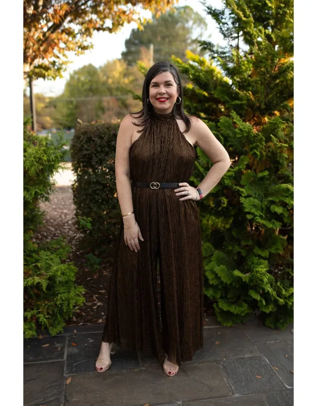 Metallic Pleats Wild Leg Jumpsuit