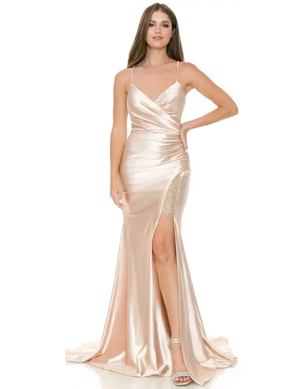 Satin Mermaid Evening Gown With Lace Slit & Corset Back