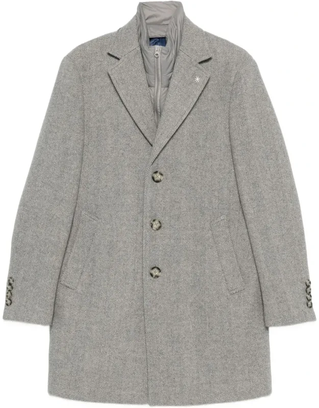 Herringbone Single-breasted Coat With Notched Lapels And Flap Pockets