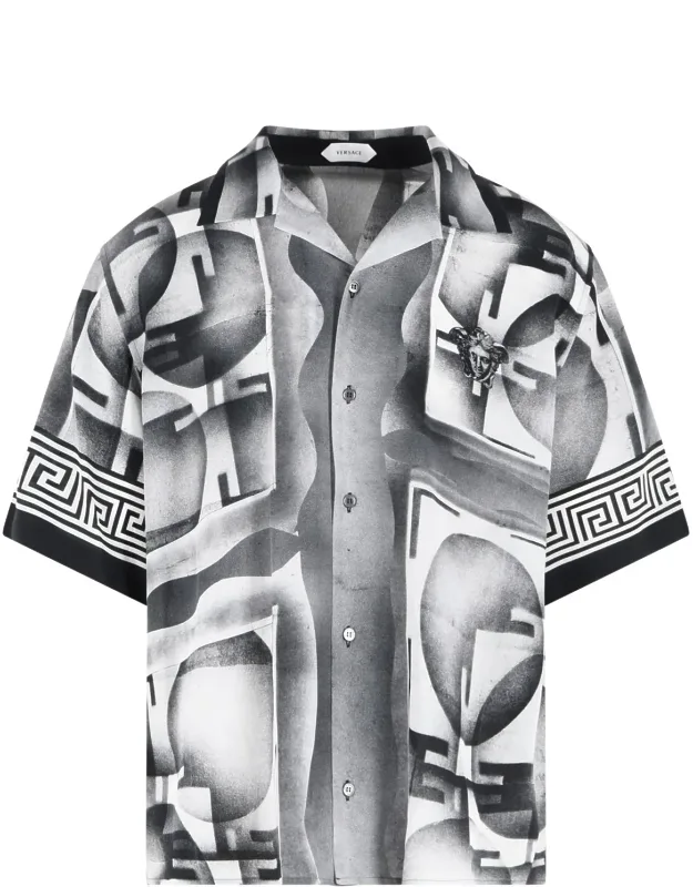 Open Collar Silk Shirt With Geometric Print