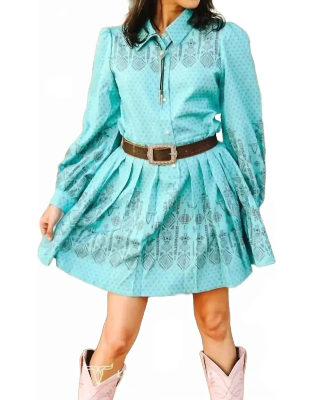 Aztec Pearl Snap Long-sleeve Pleated Western Mini Dress