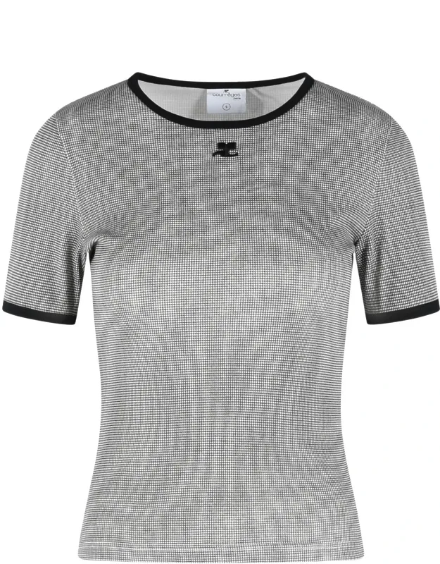 Gray T-shirt With Ribbed Details And Fine Checkered Pattern
