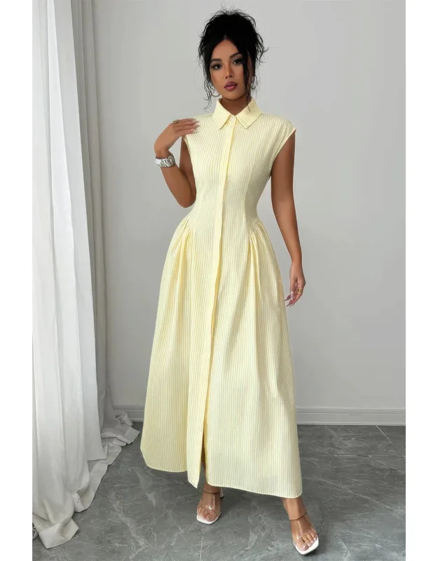 Front Slit Collar Cap Sleeve Ruched Waist Long Dress