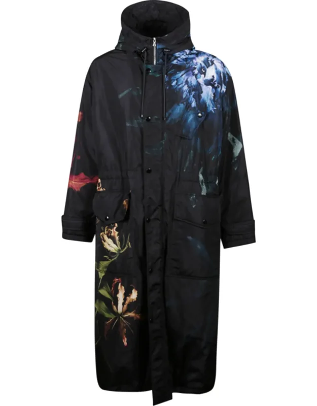 Floral Print Long Parka With Drawstring Hood And Functional Pockets