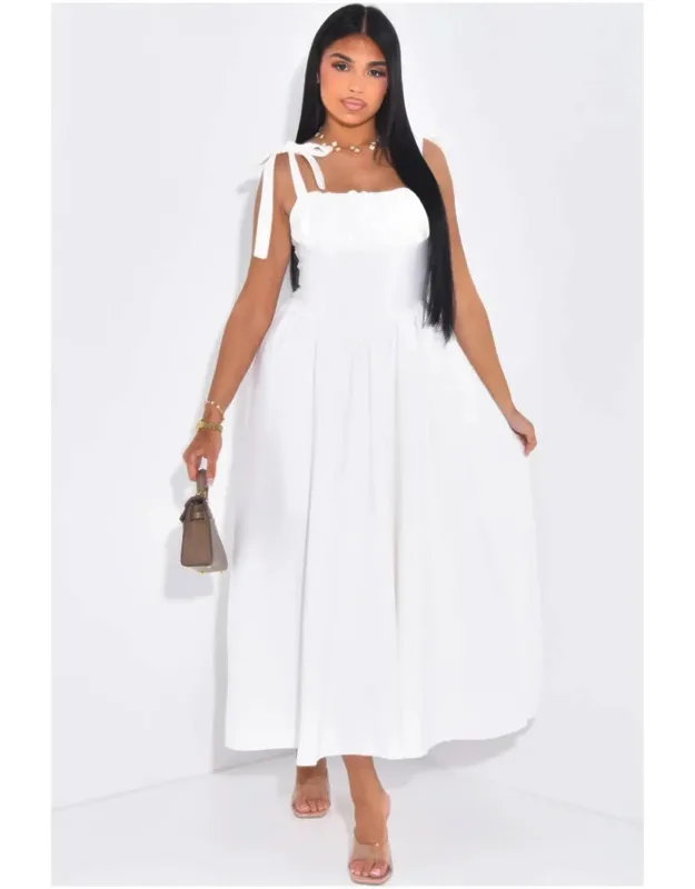 Solid Tie Strap Waist Corset Ruched Full Dress