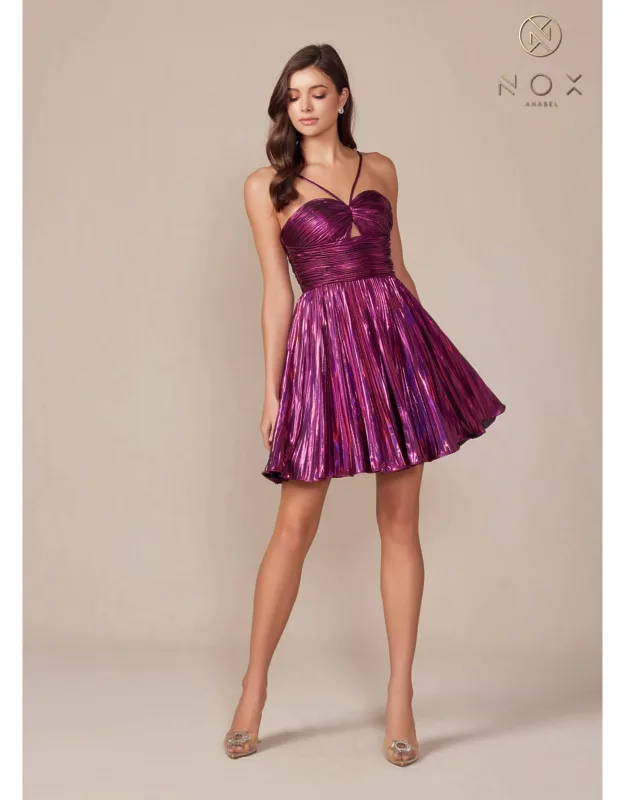 Sweetheart Keyhole Metallic Pleated Fit-and-flare Short Dress