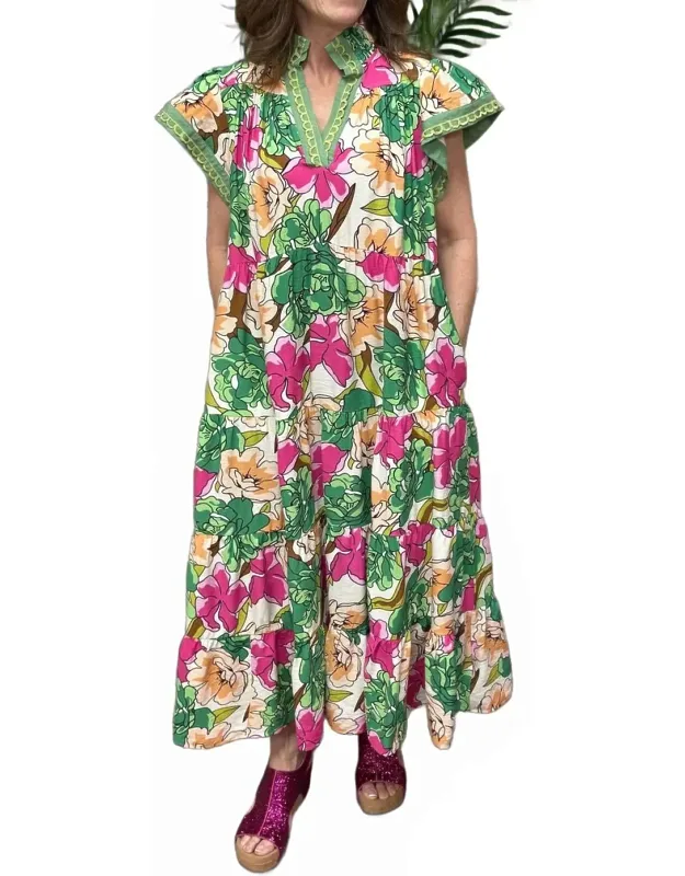 Bold Floral Tiered Midi Dress
