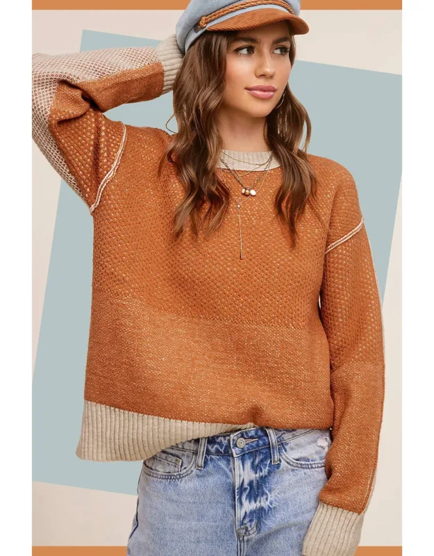 Loose-fit Color Block Textured Round Neck Sweater