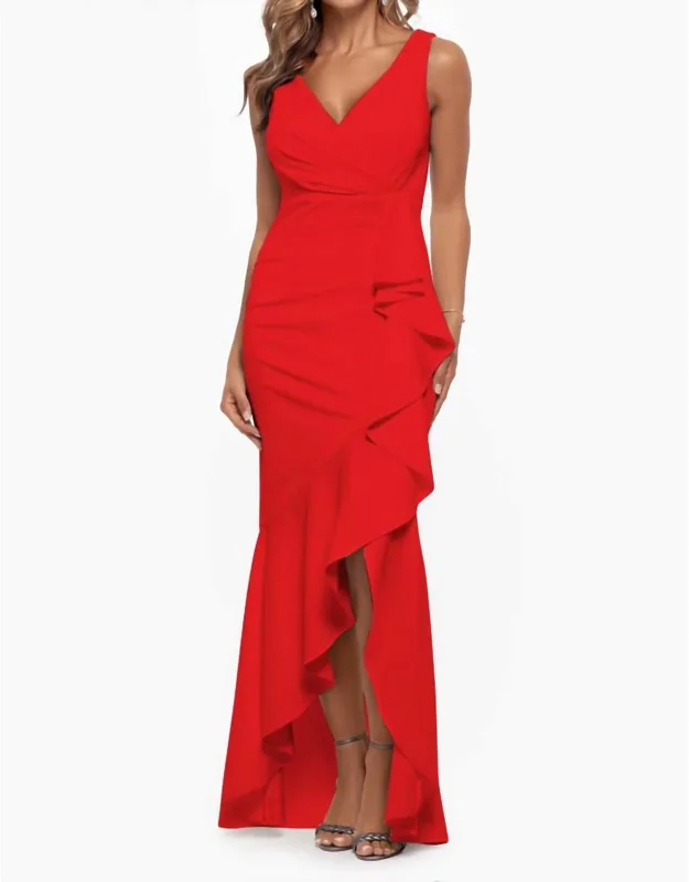 Candace Long V-neck Hi Low Cascade Dress