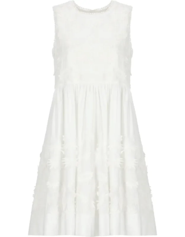 Floral Embroidered Cotton Dress With Flared Hem