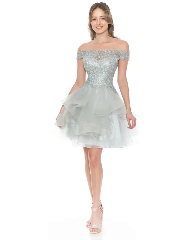 Off-shoulder Tulle Dress With Gold Embroidered Bodice