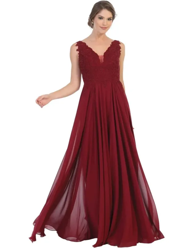 Lace Bodice Chiffon A-line Formal Evening Dress With V-neck And Open Back