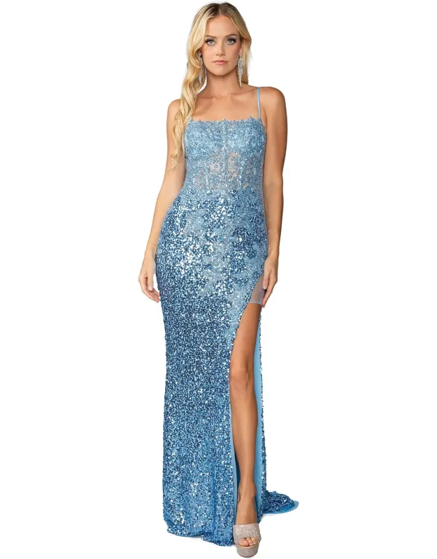 Sequined Sheath Gown With Scalloped Neckline And Side Slit