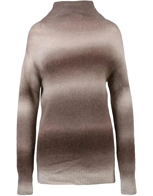 Long Gradient Knit Sweater With High Neckline And Horizontal Stripes